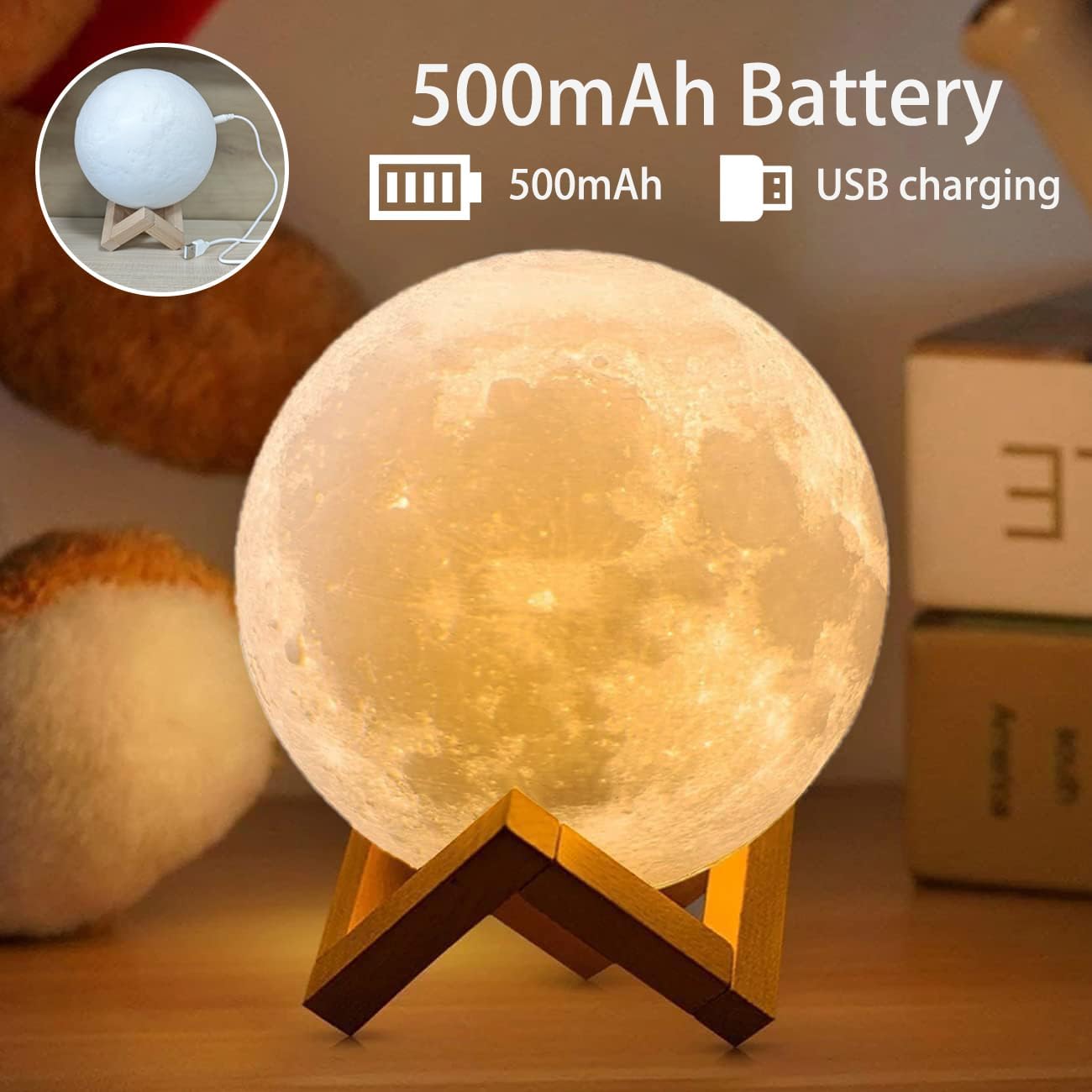 LunaGlow 3D Moon Lamp – 128 Colors with Wooden Stand