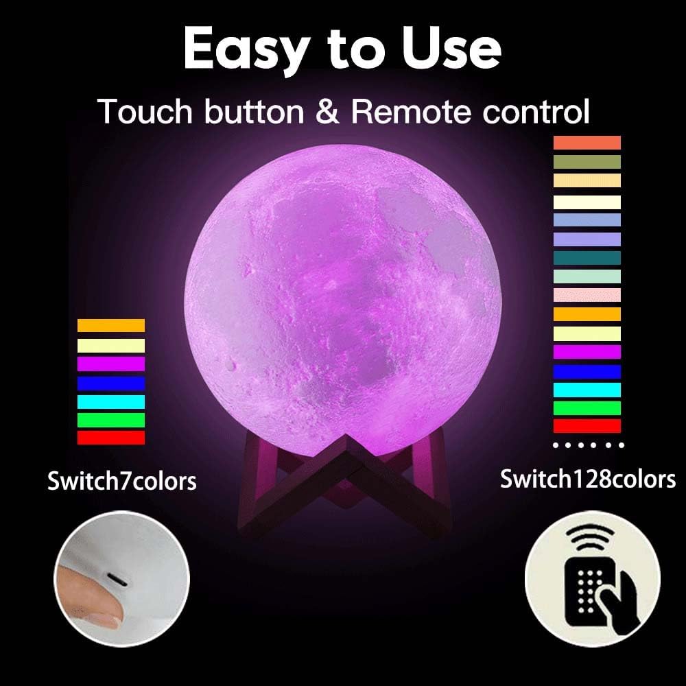 LunaGlow 3D Moon Lamp – 128 Colors with Wooden Stand