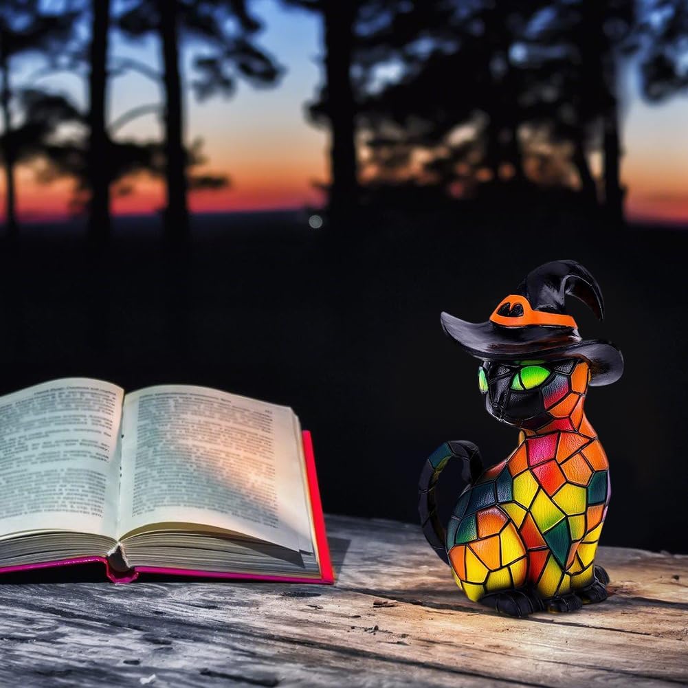 Halloween Cat Lantern Night Light – Stained Glass Pumpkin Table Lamp