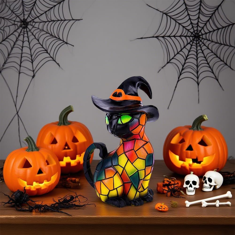 Halloween Cat Lantern Night Light – Stained Glass Pumpkin Table Lamp