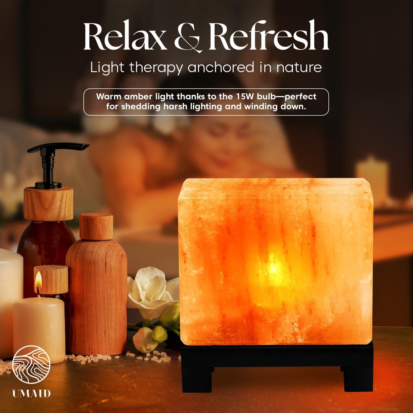 Rectangular Himalayan Salt Lamp – Natural Pink Crystal Rock on Wooden Base with Dimmer & Bulb