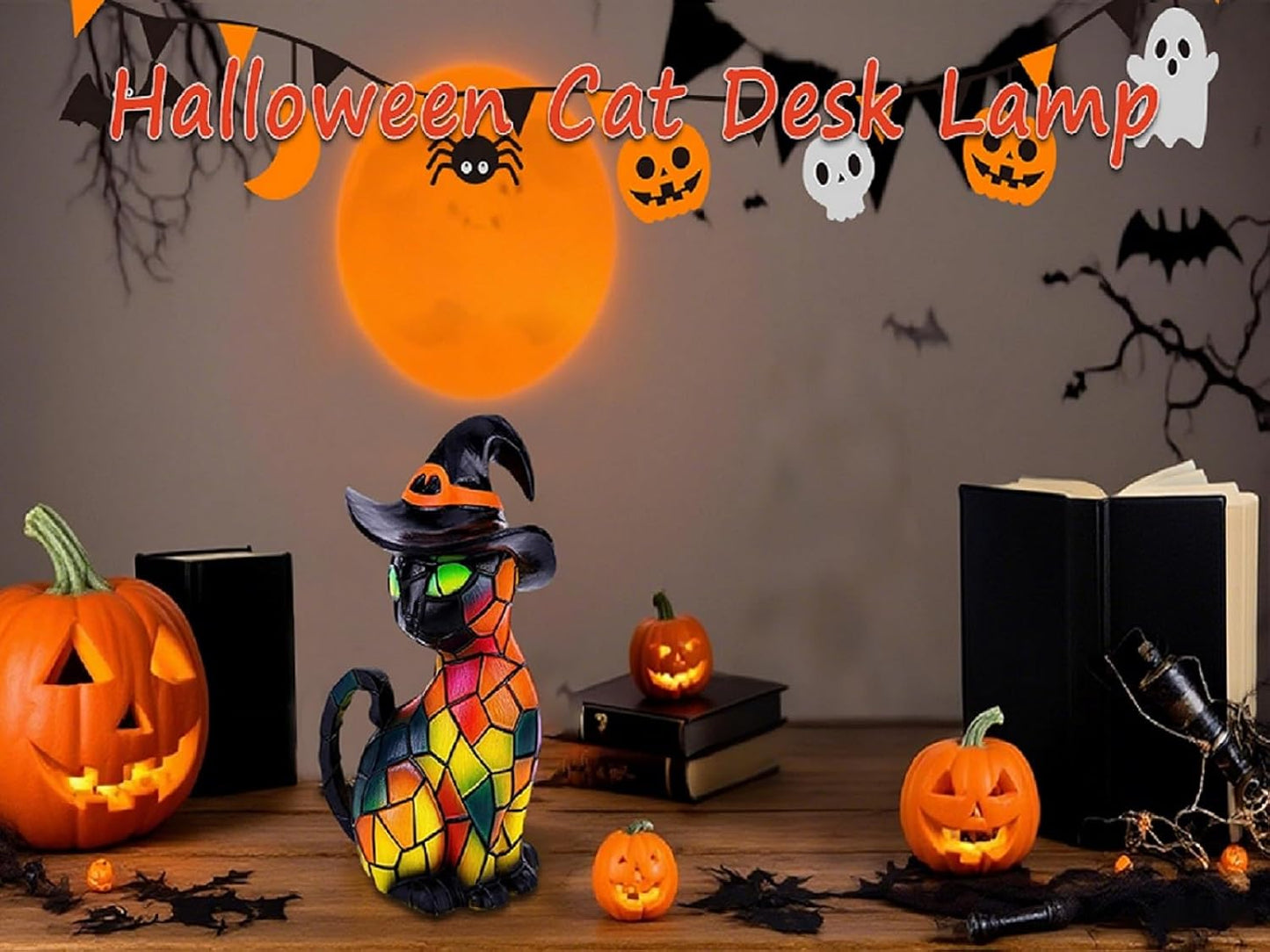 Halloween Cat Lantern Night Light – Stained Glass Pumpkin Table Lamp