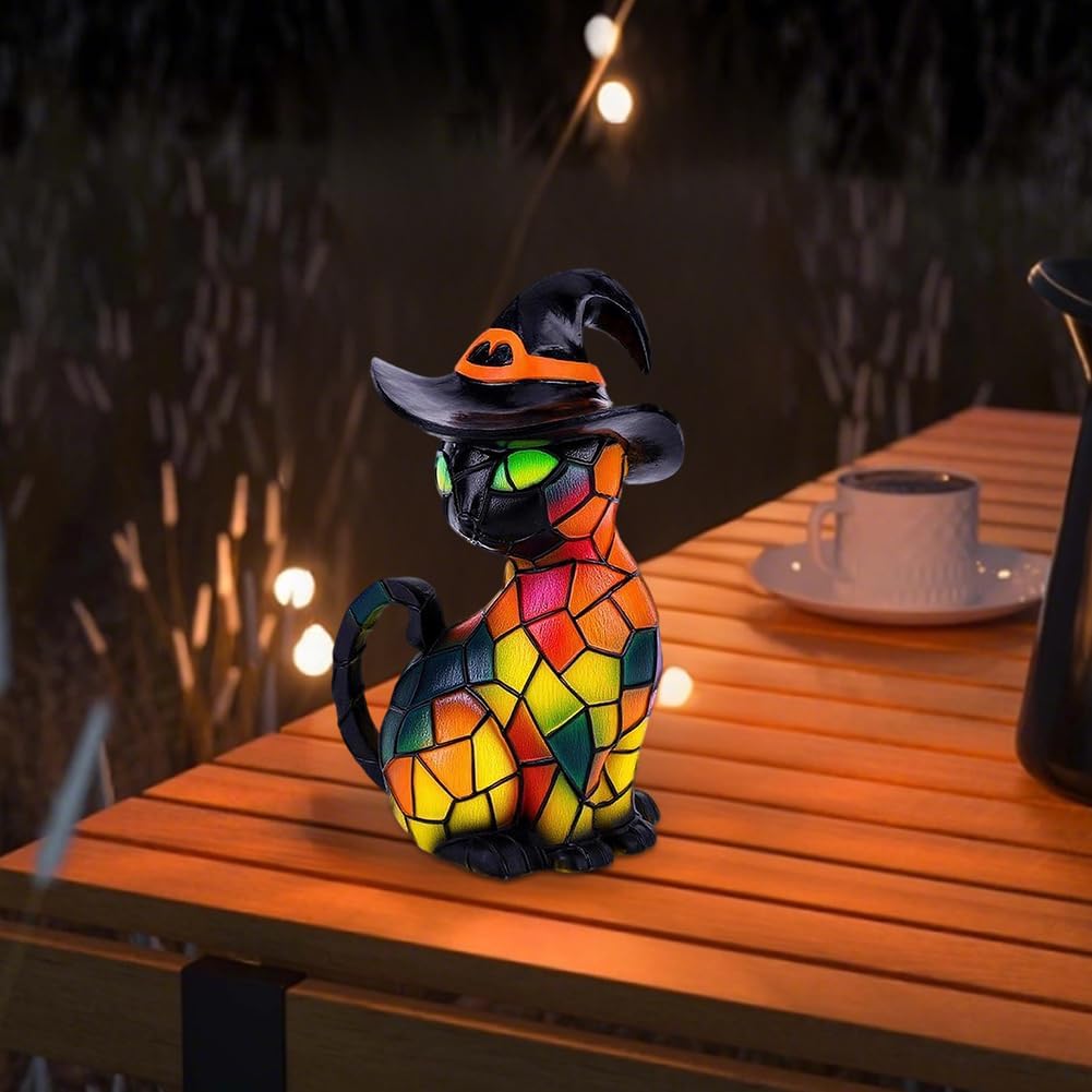 Halloween Cat Lantern Night Light – Stained Glass Pumpkin Table Lamp