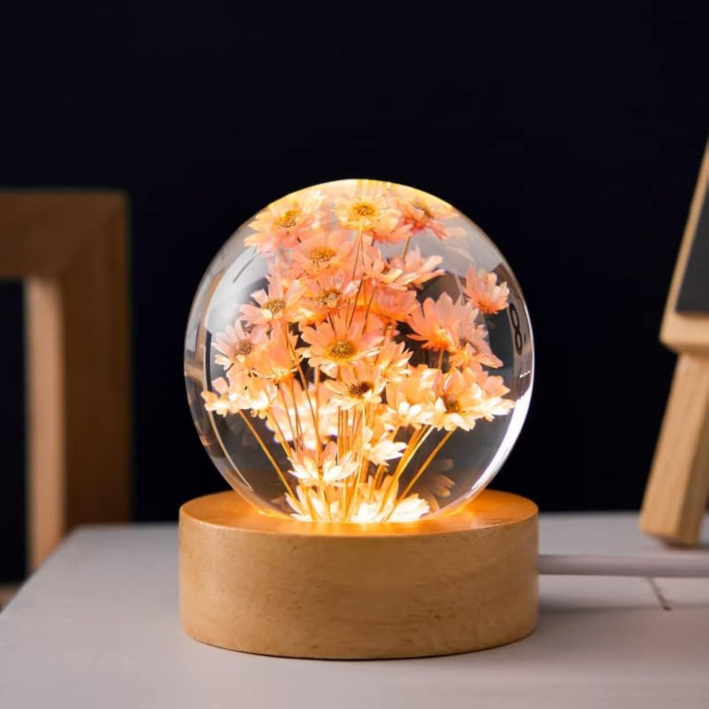 Red Daisy Crystal Flower Lamp – MARZIUS Glass Ball Night Light with Wooden Base