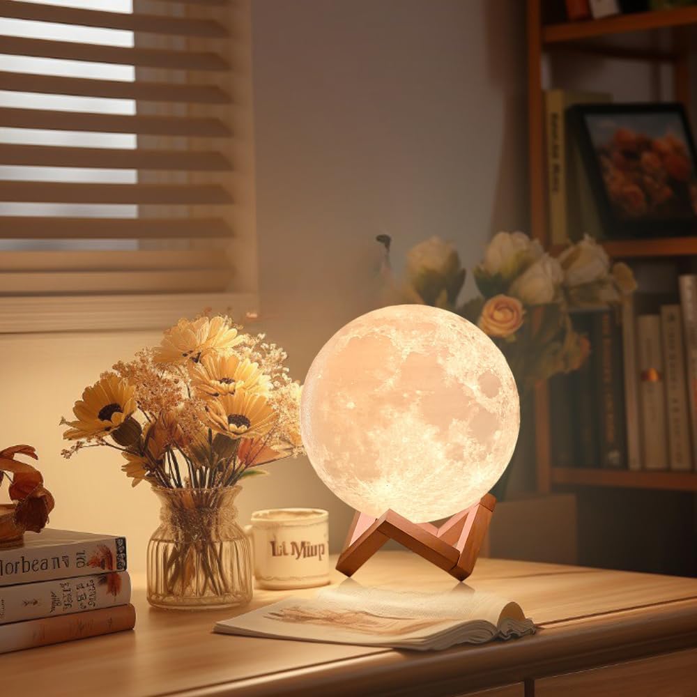LunaGlow 3D Moon Lamp – 128 Colors with Wooden Stand