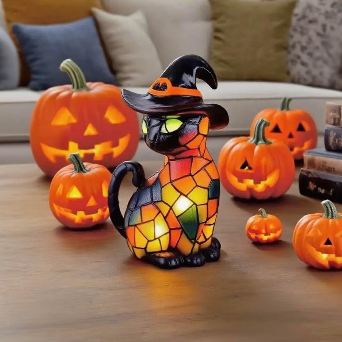 Halloween Cat Lantern Night Light – Stained Glass Pumpkin Table Lamp