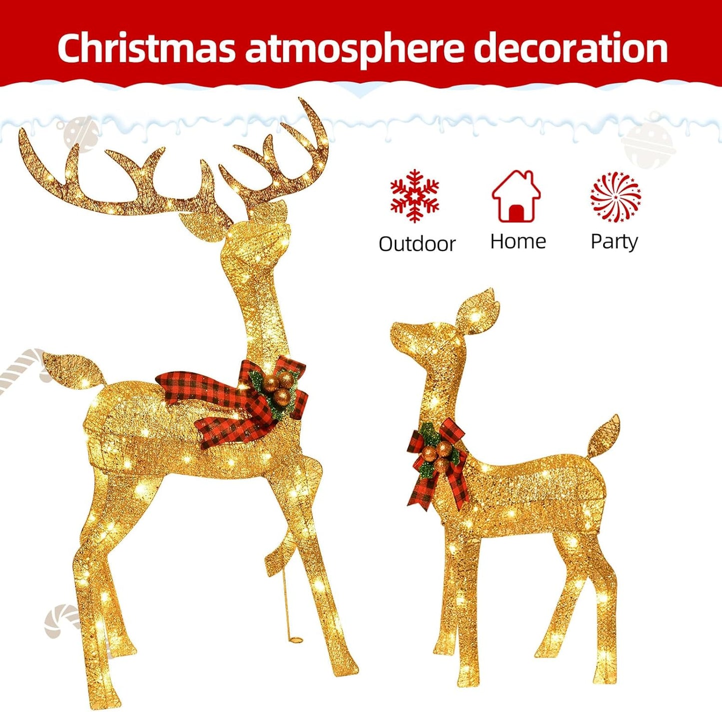 GoldenGlow Reindeer Family – 3-Piece Lighted Outdoor Christmas Decoration