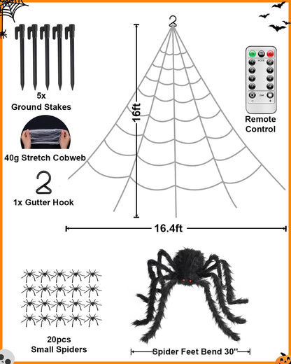 Spooky Purple LED Spider Web Halloween Decoration with Huge Furry Spider