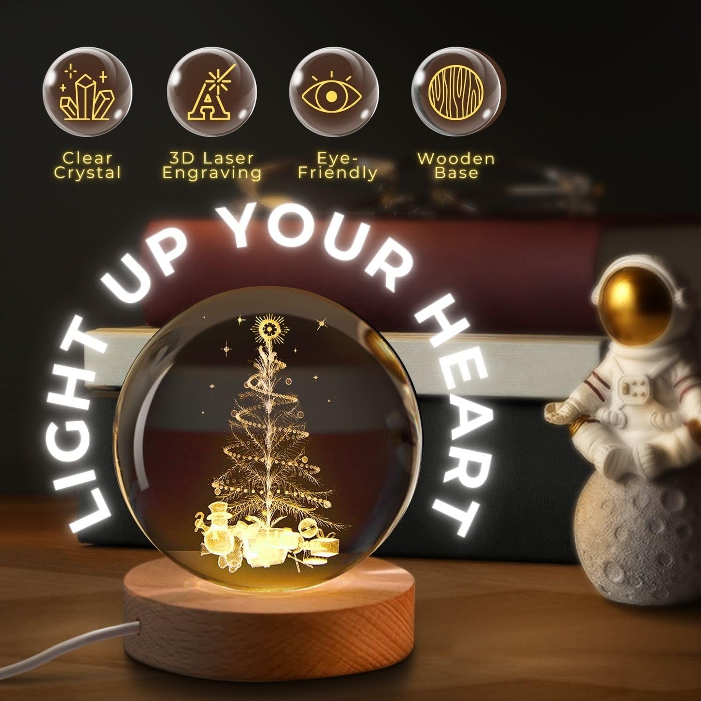3D Crystal Christmas Tree Night Light – LED Glass Ball with Wooden Base