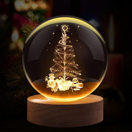 3D Crystal Christmas Tree Night Light – LED Glass Ball with Wooden Base