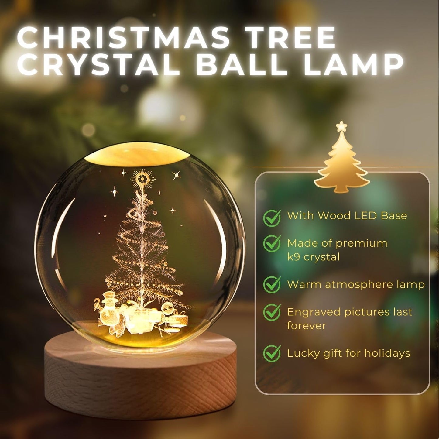 3D Crystal Christmas Tree Night Light – LED Glass Ball with Wooden Base