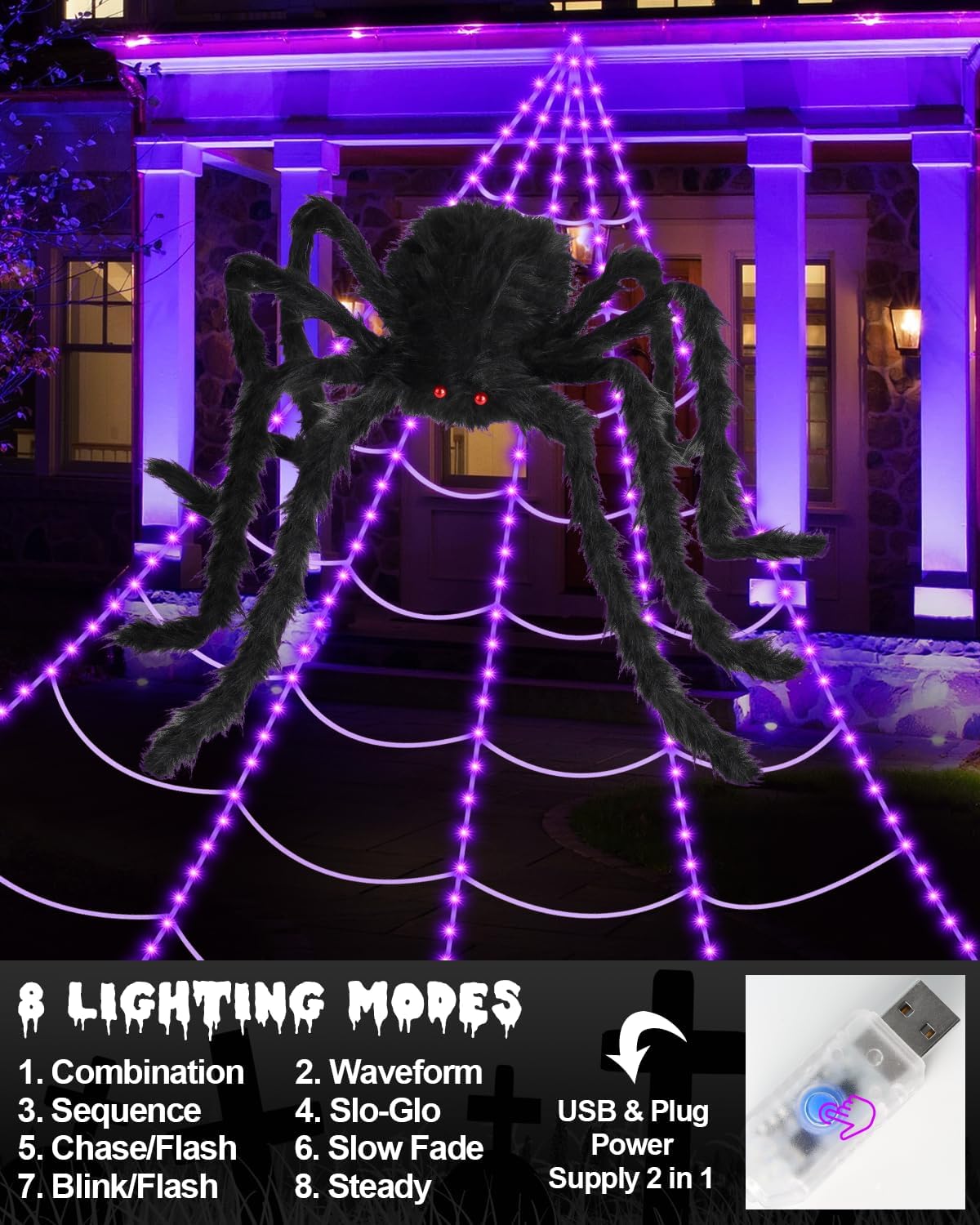 Spooky Purple LED Spider Web Halloween Decoration with Huge Furry Spider