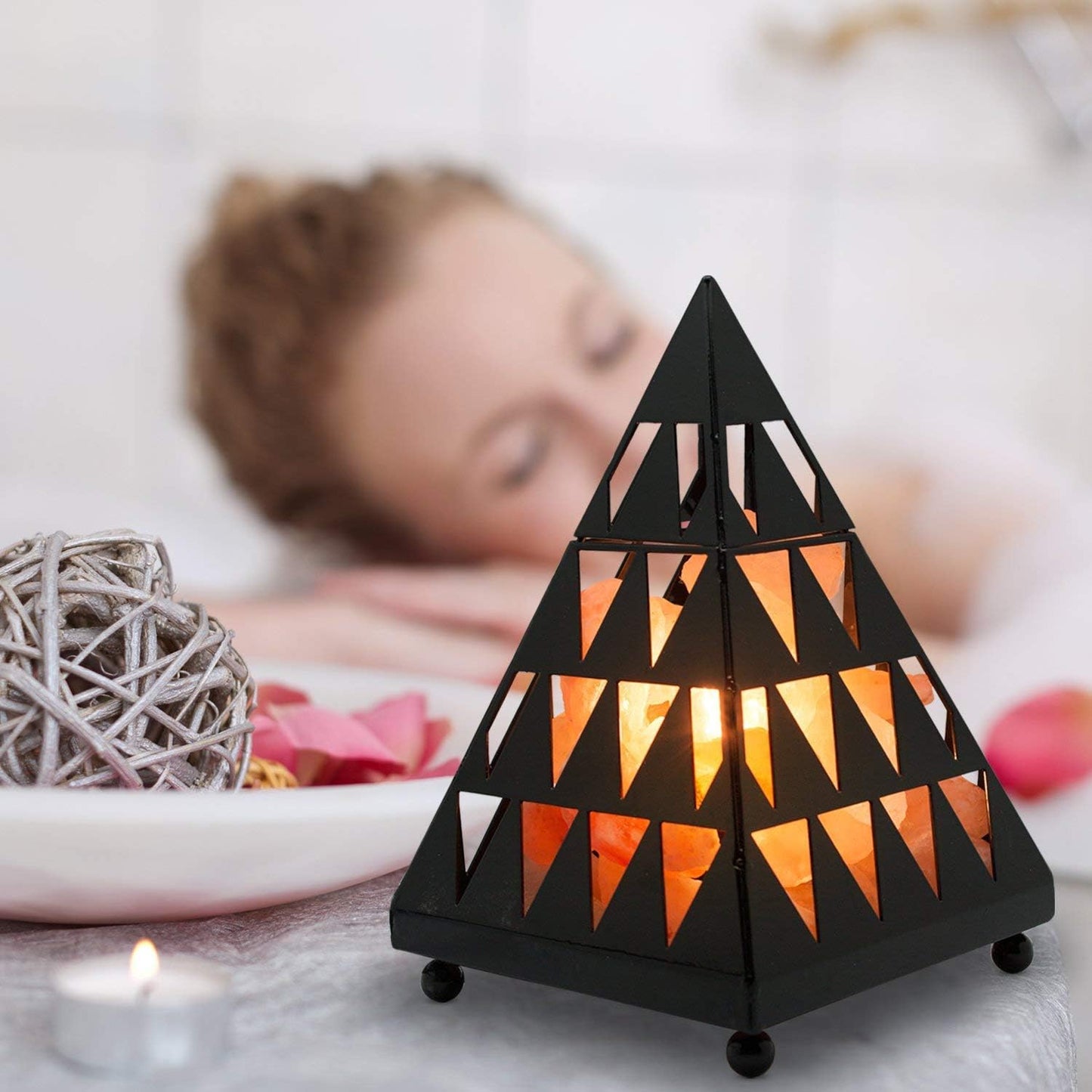Himalayan Glow Pyramid Salt Lamp with Pink Crystal Chunks & Dimmer Switch