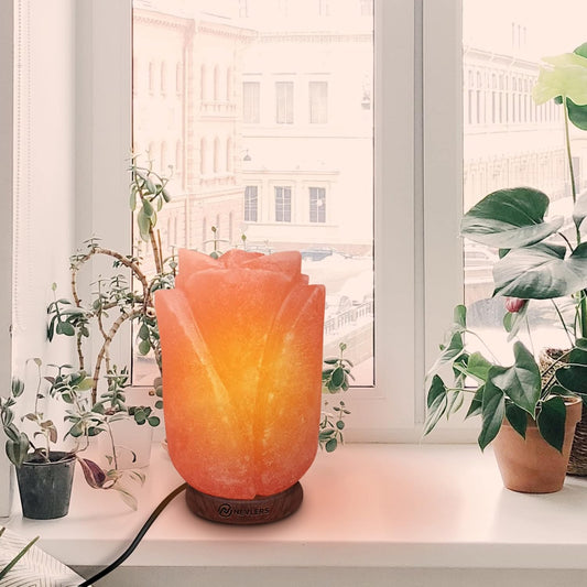 Flower Himalayan Salt Lamp – Handcrafted Pink Salt Rock with Dimmer & Wooden Base