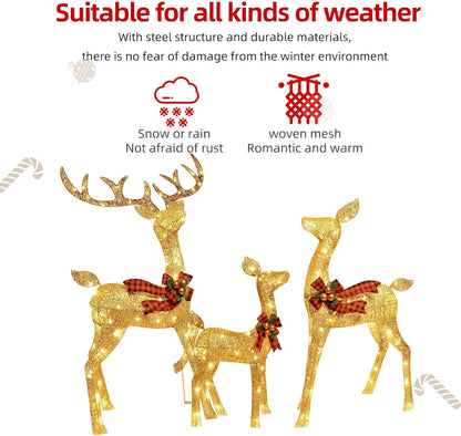 GoldenGlow Reindeer Family – 3-Piece Lighted Outdoor Christmas Decoration