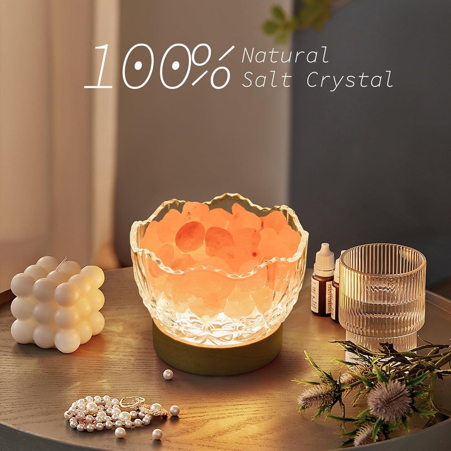 Himalayan Glow Bowl Lamp – Natural Salt Crystals with Remote Control & Wood Base