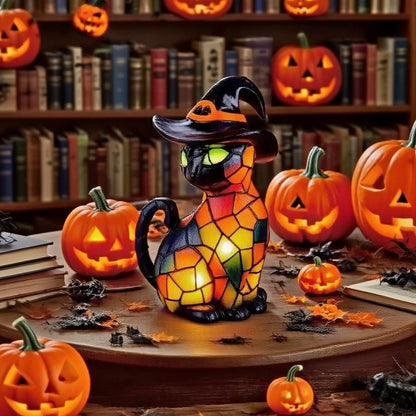 Halloween Cat Lantern Night Light – Stained Glass Pumpkin Table Lamp
