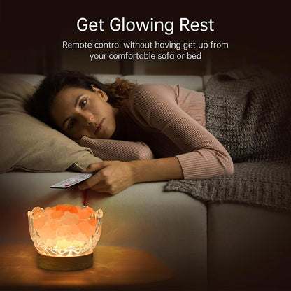 Himalayan Glow Bowl Lamp – Natural Salt Crystals with Remote Control & Wood Base