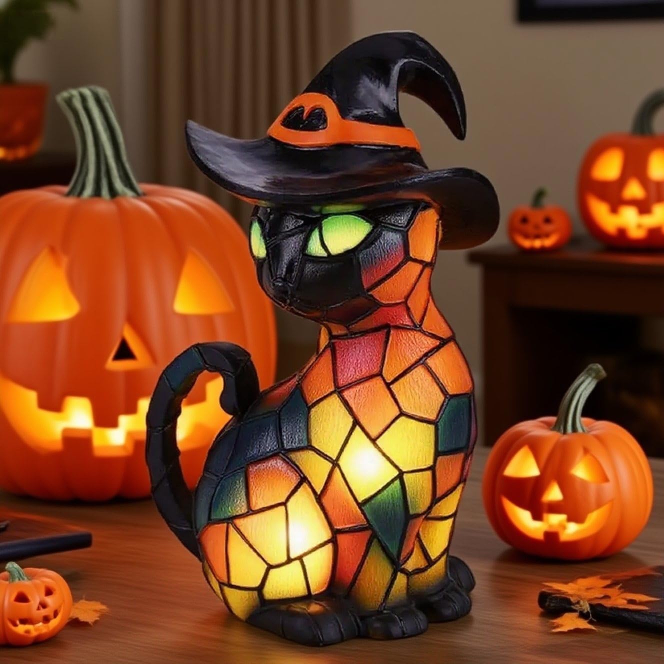 Halloween Cat Lantern Night Light – Stained Glass Pumpkin Table Lamp