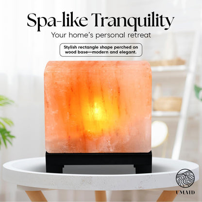 Rectangular Himalayan Salt Lamp – Natural Pink Crystal Rock on Wooden Base with Dimmer & Bulb