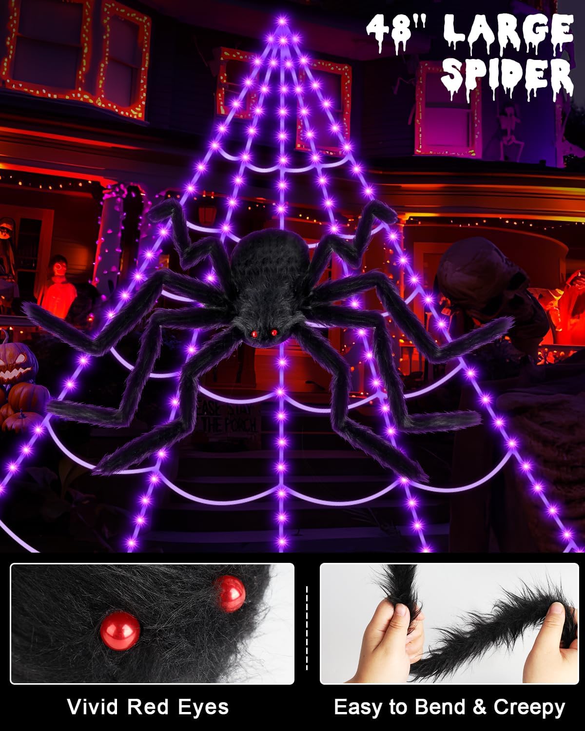 Spooky Purple LED Spider Web Halloween Decoration with Huge Furry Spider