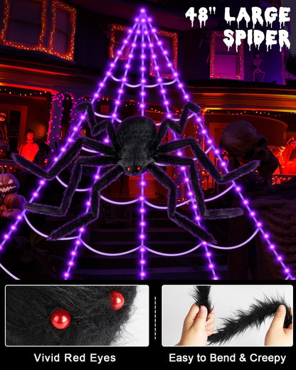Spooky Purple LED Spider Web Halloween Decoration with Huge Furry Spider