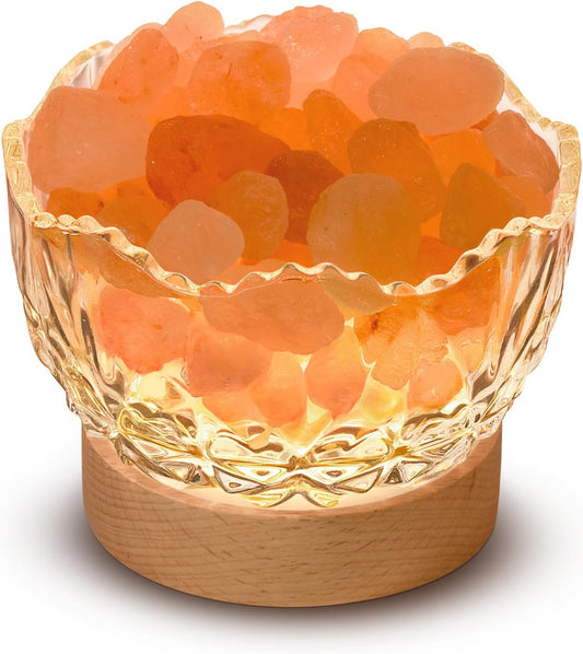 Himalayan Glow Bowl Lamp – Natural Salt Crystals with Remote Control & Wood Base