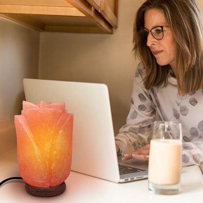 Flower Himalayan Salt Lamp – Handcrafted Pink Salt Rock with Dimmer & Wooden Base