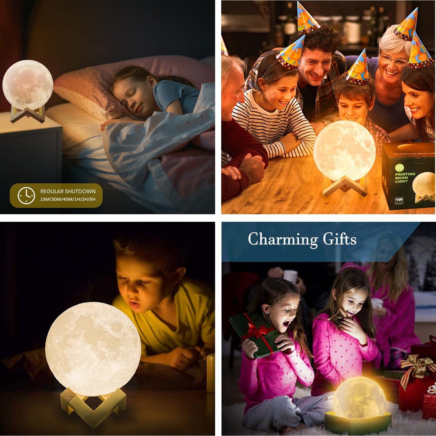 LunaGlow 3D Moon Lamp – 128 Colors with Wooden Stand