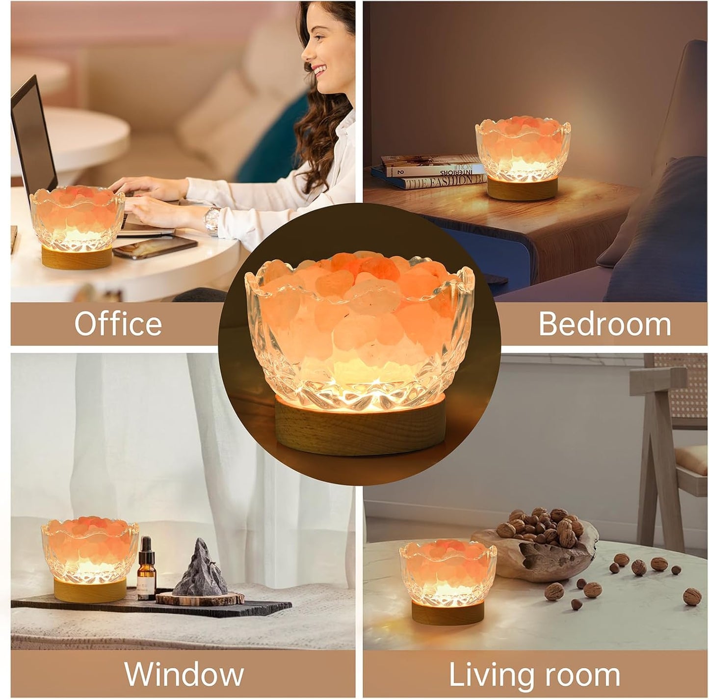 Himalayan Glow Bowl Lamp – Natural Salt Crystals with Remote Control & Wood Base