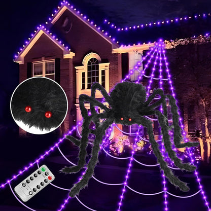 Spooky Purple LED Spider Web Halloween Decoration with Huge Furry Spider