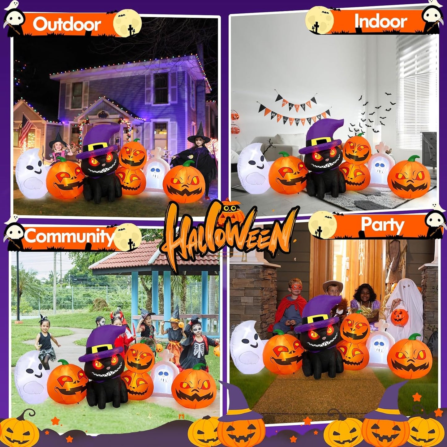 8FT Halloween Inflatable – Pumpkins, Cat, Ghost & Tombstone with LED Lights