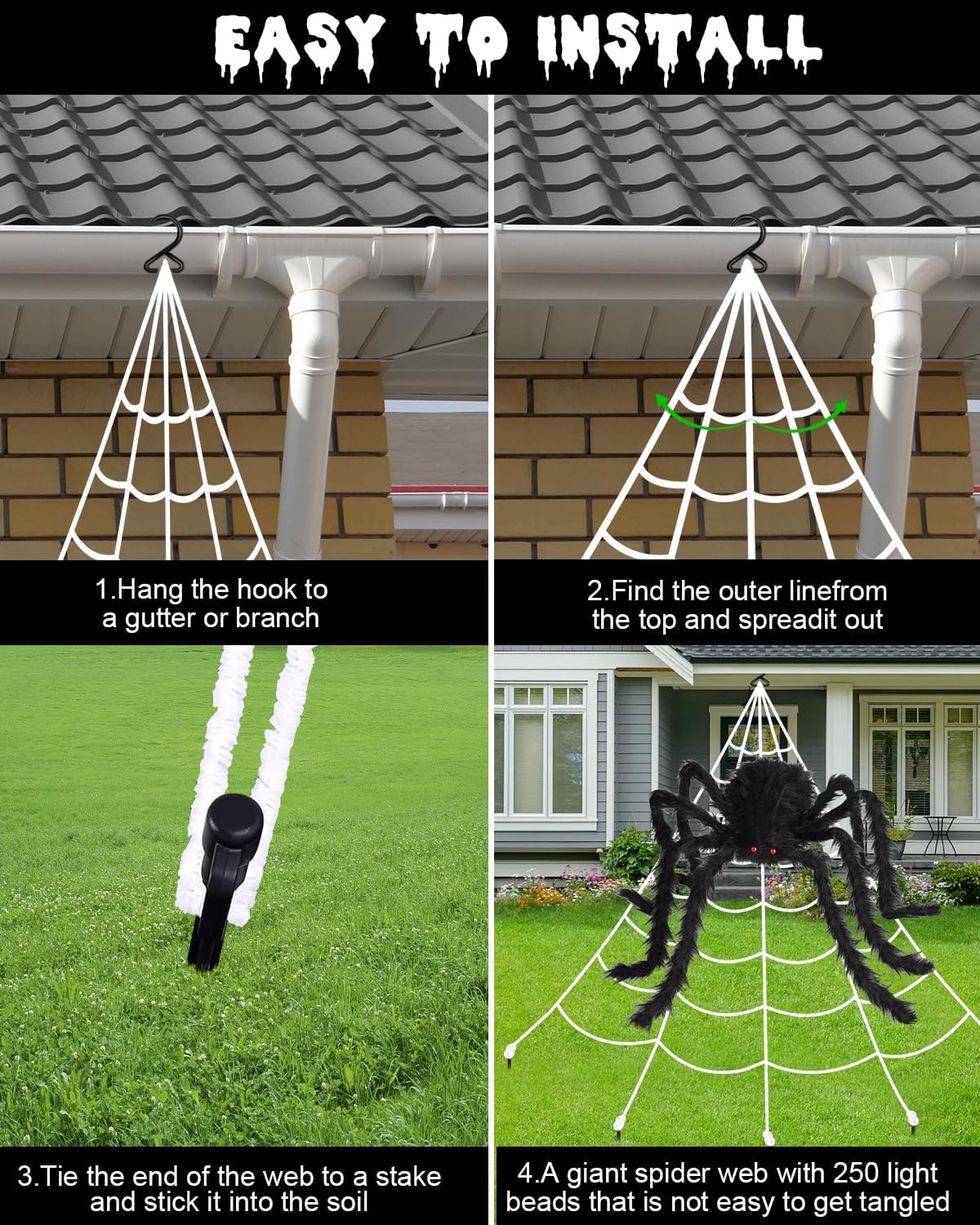 Spooky Purple LED Spider Web Halloween Decoration with Huge Furry Spider