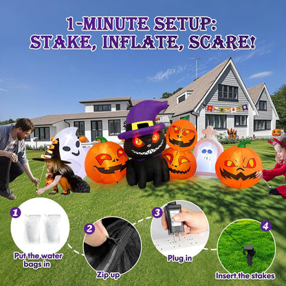 8FT Halloween Inflatable – Pumpkins, Cat, Ghost & Tombstone with LED Lights