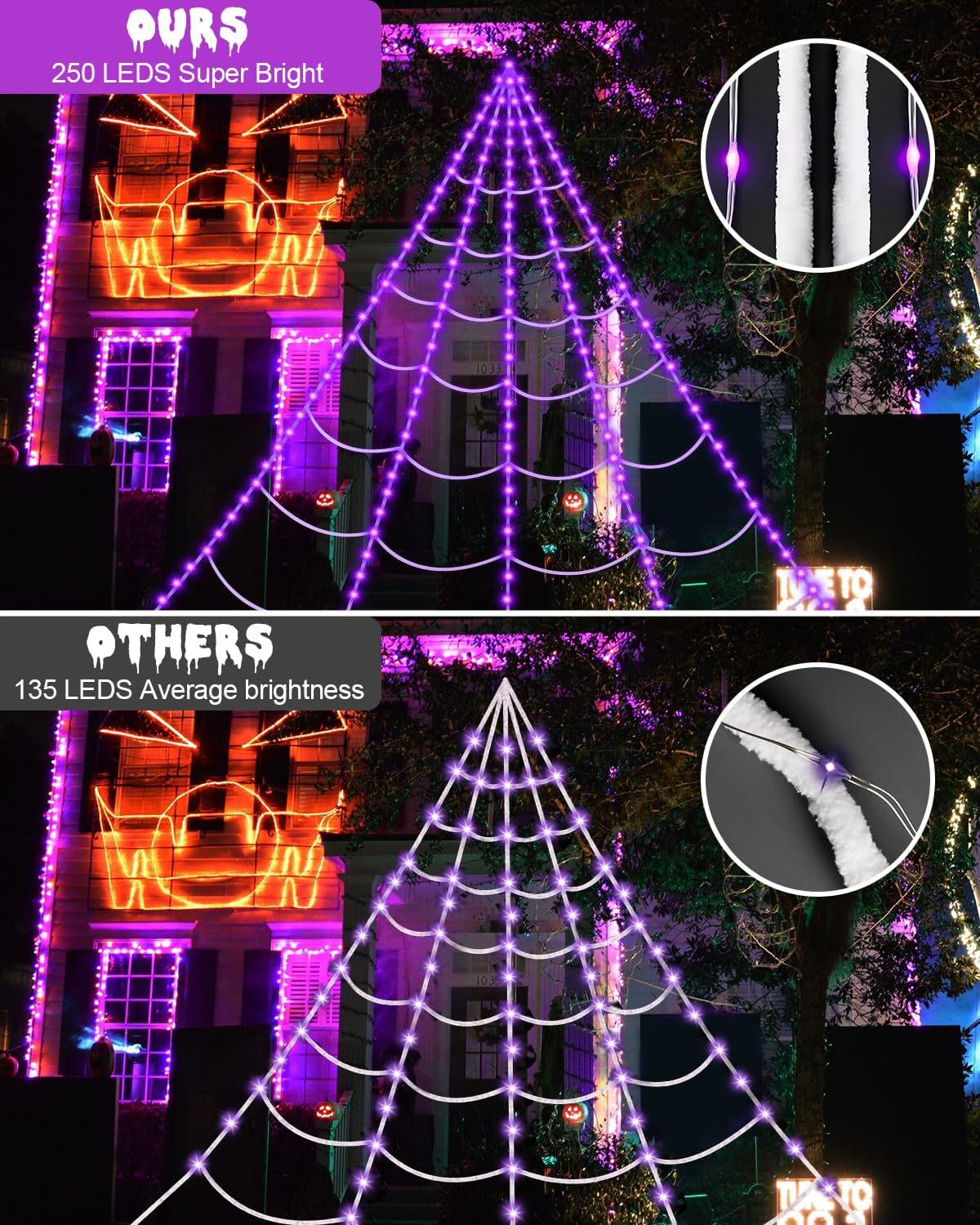 Spooky Purple LED Spider Web Halloween Decoration with Huge Furry Spider