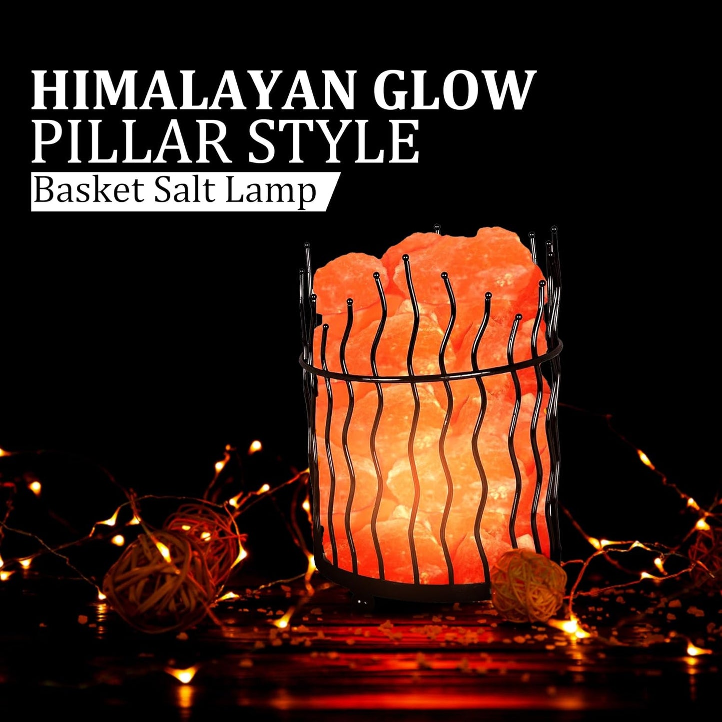 AuroraGlow Round Basket Salt Lamp – Handcrafted Metal Basket with Natural Himalayan Salt Chunks & Dimmable Light