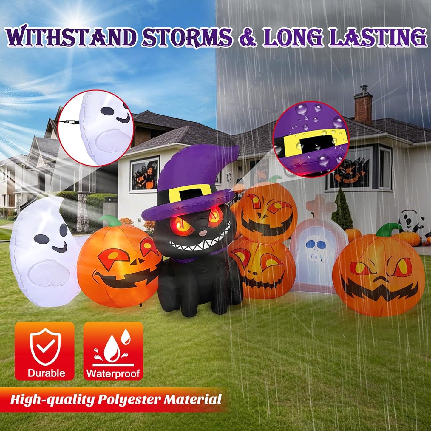 8FT Halloween Inflatable – Pumpkins, Cat, Ghost & Tombstone with LED Lights
