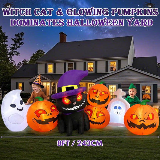 8FT Halloween Inflatable – Pumpkins, Cat, Ghost & Tombstone with LED Lights