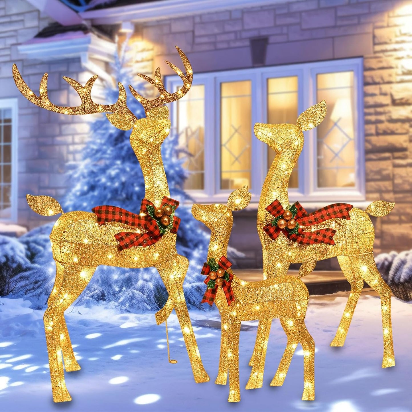 GoldenGlow Reindeer Family – 3-Piece Lighted Outdoor Christmas Decoration