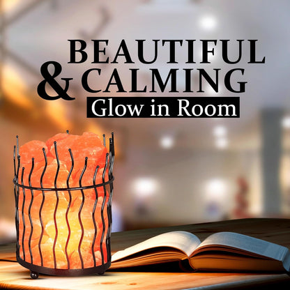 AuroraGlow Round Basket Salt Lamp – Handcrafted Metal Basket with Natural Himalayan Salt Chunks & Dimmable Light