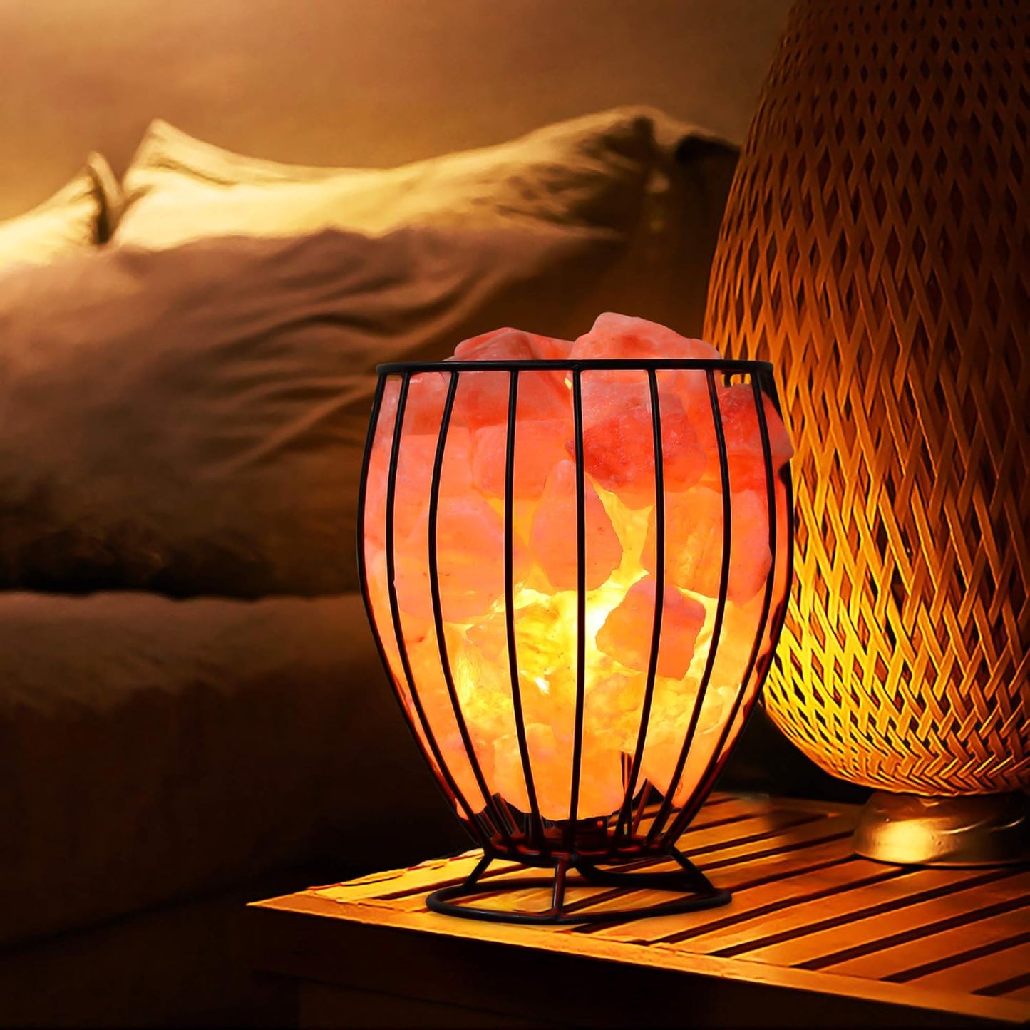 IronGlow Tall Basket Salt Lamp – Handcrafted Metal Frame with Himalayan Salt Chunks & Dimmable Warm Light