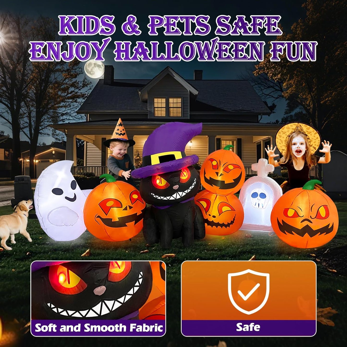 8FT Halloween Inflatable – Pumpkins, Cat, Ghost & Tombstone with LED Lights