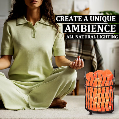 AuroraGlow Round Basket Salt Lamp – Handcrafted Metal Basket with Natural Himalayan Salt Chunks & Dimmable Light
