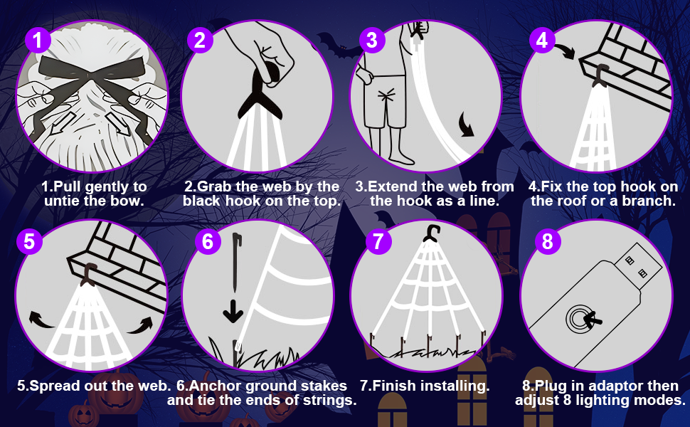 Spooky Purple LED Spider Web Halloween Decoration with Huge Furry Spider