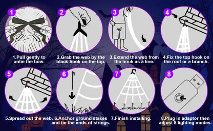 Spooky Purple LED Spider Web Halloween Decoration with Huge Furry Spider
